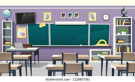 Vector illustration of an empty school classroom interior with a chalkboard on the wall and desks on checkered floor