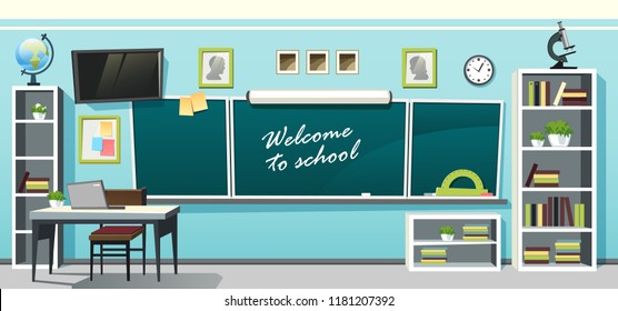 Vector Illustration Of An Empty School Classroom Interior With A Chalkboard On The Blue Wall And Desks On Checkered Floor