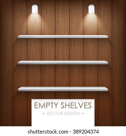 Vector illustration. Empty silver shelves on a wooden background with light lamp. Brown color.