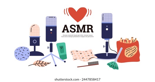 Vector illustration with an empty space for text on the ASMR theme: professional microphones, sheets of paper, packaging, air bubble wrapper and much more to create sensory content.