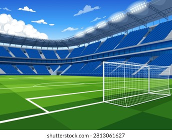 Vector illustration of an empty sports arena with green grass, goal post, and blue seating.