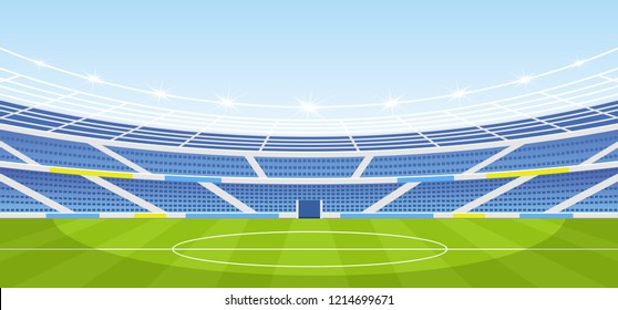 Vector illustration of empty sports stadium with lights in flat cartoon style.