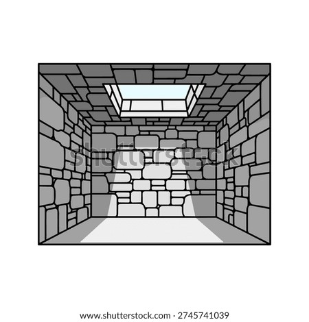Vector illustration of an empty stone room with a skylight, offering a sense of confinement and hope. Ideal for concepts of isolation, escape, or architectural visualization projects.