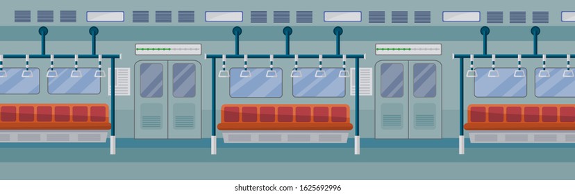 Vector illustration of empty subway interior. Subway is pubic transport, underground term. Modern interior of underground train with bars, seats and door panoramic view. City pubic transport concept.