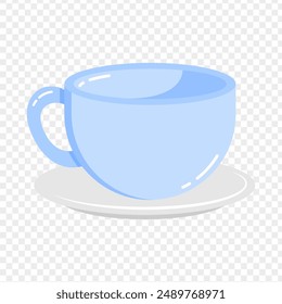 Vector illustration of empty tea cup and saucer on transparent background