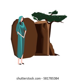 Vector illustration of the empty tomb and Mary Magdalene, isolated on white background.