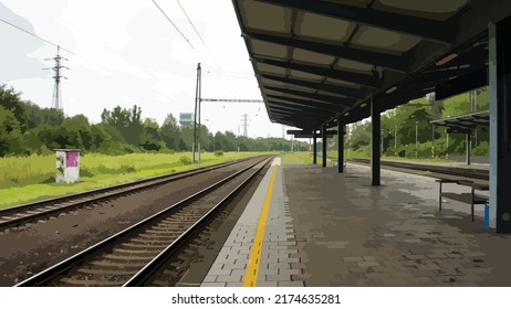 Ilustración vectorial de la estación de tren vacía con pista y naturaleza circundante. Una línea amarilla que indica peligro cuando llega un tren. Viajes, transporte, vías de tren, naturaleza, árboles. Línea amarilla.