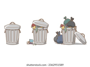 Vector illustration of empty trash can, full trash can, and overflowing trash can.