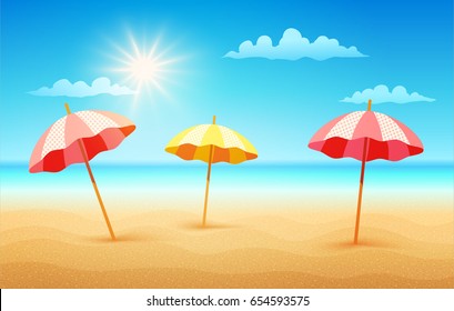 Vector illustration of a empty tropical beach in summer day with umbrellas. Tropical beach in sunny day. Game background