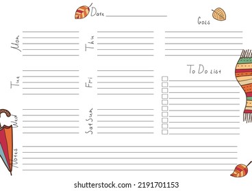 Vector illustration with empty weekly planning with space for date and notes. A4 print ready weekly planner blank with open date. Template bullet journal page, habit tracker, notebook, school schedule