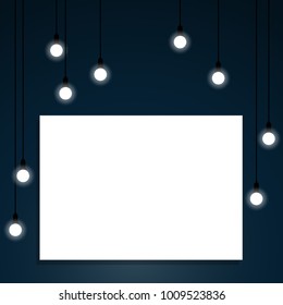 Vector illustration of empty white frame on blue wall and hanging  lighting lamp.