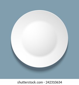 Vector Illustration Of Empty White Plate. Top View. On Blue Background.