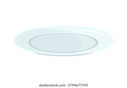 Vector illustration of an empty white round plate. Clean ceramic or porcelain dinner dish side view isolated on a white background.