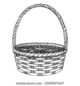 Ilustração vetorial de cesta de vime vazia com alça para design rústico em fundo isolado. Desenho Linear do recipiente de madeira redonda do vintage para o festival da colheita. Elemento preto retrô do contorno.