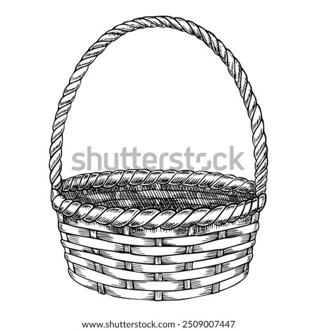 Vector Illustration of empty Wicker Basket with Handle for Rustic Design on isolated background. Linear Drawing of vintage round wooden container for harvest festival. Black Outline Retro element.