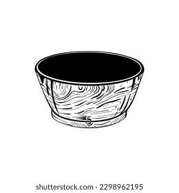 Vector illustration of empty wooden bowl. Black outline of wood textures, scillful realistic graphic drawing in curves. For textile printing, logo, stamps, posters, cards, bannres, scrapbooking