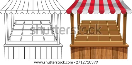 Vector illustration of empty wooden market stall, striped canopy, front perspective, color and outline