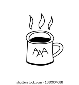 Vector illustration of enamel mug full of hot tea. Black coffee cup doodle. 