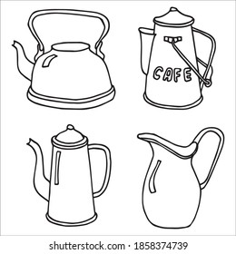 ilustración vectorial.set de avantage esmaltado azul y púrpura con trazas de óxido.Jug para decoración doméstica.vajilla antigua retro.Aislado sobre un fondo blanco.