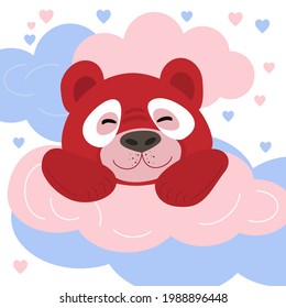Vector illustration of an enamored red bear sleeping on a cloud. Nice picture for children's room.