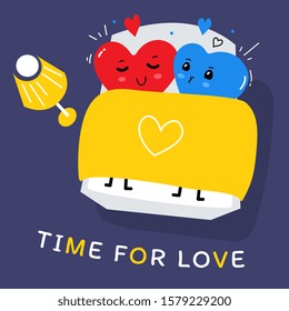 Vector illustration of enamored red and blue heart character sleeping in bed on dark background. Flat style design for Valentine's Day greeting card, web, site, banner, poster, sticker