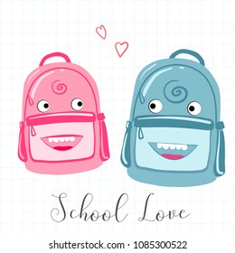Vector illustration of enamored school backpacks. Cartoon characters. Couple in love. You can use it for printing on notebooks, notebooks, sketchbooks, T-shirts. Children's illustration