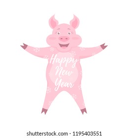 Vector illustration of a encouraged smiling pig covered in snowflakes standing with widely spread arms and legs. Text Happy New Year on the tummy. Isolated on the white background.