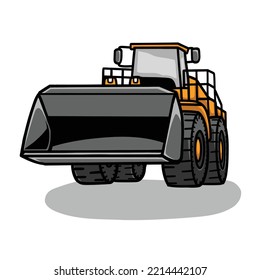Vector illustration of end Loader Heavy vehicle. Yellow bulldozer, digger, quarry machine. Backhoe front loader truck, stone wheel. Work excavator, tractor. For Construction and mining Industry