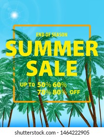 Vector illustration. End of season summer sale. Banner with tropical background. Special offer, poster, flyer at vibrant colors. Might be used for advertising, the provision information