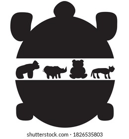 Vector illustration of endangered land species. A giant tortoise, a gorilla, a rhino, a panda, and a tiger silhouette.