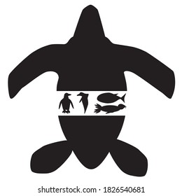 Vector illustration of endangered sea species. A sea turtle, a penguin, a dolphin, a tuna, and a sea lion silhouette.