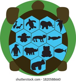 Vector illustration of endangered species. The giant tortoise's shell has two ferrets, sea turtle, elephant, dolphin, an orangutan, tiger, sea lion, penguin, rhino, panda, tuna, and a gorilla.