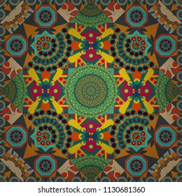 Vector illustration. Endless abstract seamless pattern. Orange, green and blue background texture.