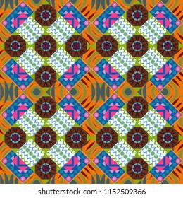 Vector illustration. Endless abstract seamless pattern. Blue, orange and gray background texture.