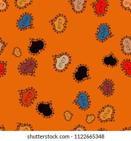 Vector illustration. Endless background with hand drawn figures on orange, black and red colors. Pattern for wrapping, cover, background, surface print. Seamless raster love pattern with hearts.