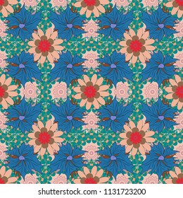 Vector illustration. Endless floral abstract seamless pattern. Background texture in blue, pink and beige colors.