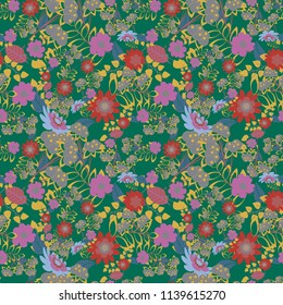 Vector illustration. Endless floral abstract seamless pattern. Background texture in green, orange and pink colors.