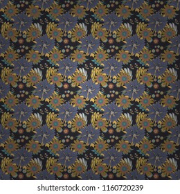 Vector illustration. Endless floral abstract seamless pattern. Background texture in blue, gray and yellow colors.