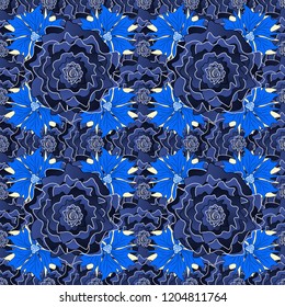 Vector illustration. Endless floral abstract seamless pattern. Background texture in violet, blue and black colors.