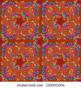 Vector illustration. Endless floral abstract seamless pattern. Background texture in black, orange and blue colors.