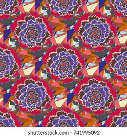 Vector illustration. Endless floral abstract seamless pattern. Background texture in brown, violet and red colors.