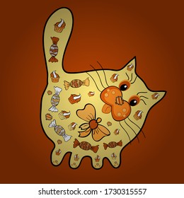 Vector illustration. Endless. Nice pattern for scrapbooking, textile, packaging, wallpapers. Tracing on black, orange and yellow colours. Sketch, doodle, scribble. Sketch pattern cute cats colorful.