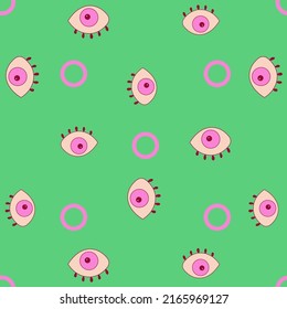 Vector illustration, endless pattern of eyes and lilac circles, on a green background. Eyes, circle, strange look, psychedelic, print, seamless pattern, 70s.
