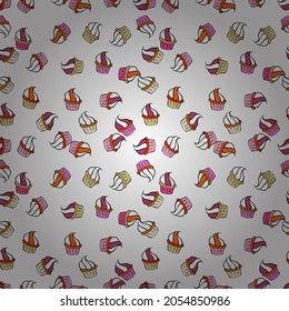 Vector illustration. Endless pattern, orange, white and black background. Orange, white and black color. Cream. Seamless pattern with sweet desserts. Wrapping paper.