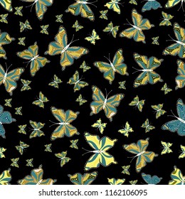 Vector illustration. Endless. Repeat print. A seamless background pattern with tender teal in black, yellow and blue abstract watercolor butterflies.