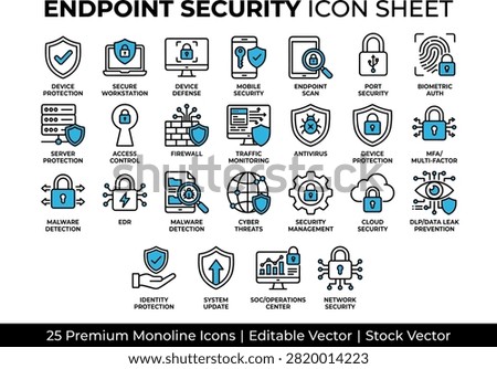 Vector illustration of endpoint security icons, device protection, firewall defense, malware detection, secure workstation, cloud encryption, SOC monitoring