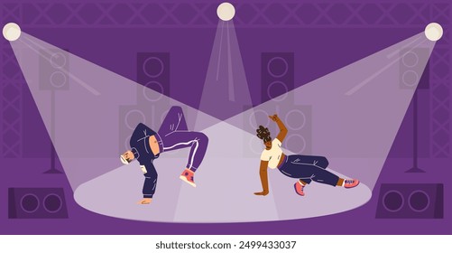 Vector illustration of an energetic battle of breakdance dancers, a girl and a guy in dynamic poses, demonstrating modern urban dances and acrobatic movements.