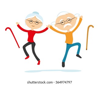 Vector illustration. Energetic elderly couple holding hands in a jump.