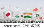 Vector illustration of an energetic stadium crowd waving various national flags from Asia, including Japan, India, China, South Korea, Saudi Arabia, Pakistan, Israel, Vietnam, and others. 