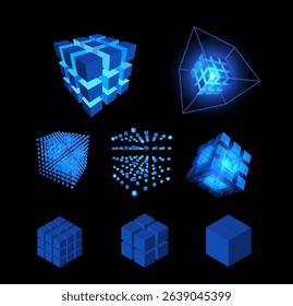 Vector illustration of energy blue cubes set, different shapes, glowing with neon light. Data cores. Quantum computer service. Block chain, data transfer technology. Isolated black background